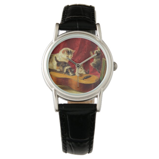 Relógio Mãe Gato e Gatinhos Brincando com Violão (Frente)