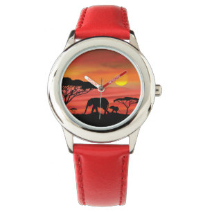 Relógio Mamãe e Elefantes Bebês em Serengeti