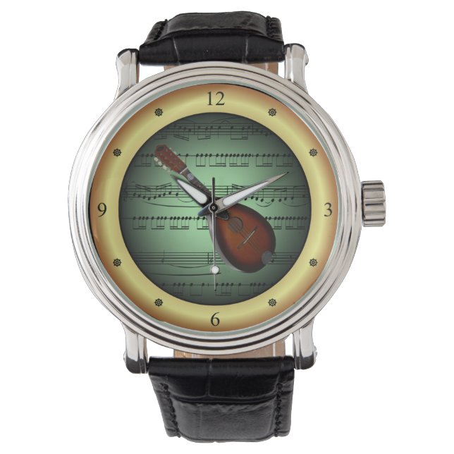 Relógio Mandolin ~ Sheet Music ~ Verde/Dourado Background  (Frente)