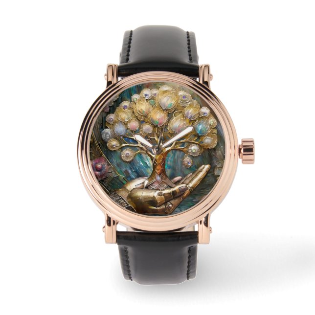 Relógio Mão Robô ouro Segurando Dourada Árvore De Vida (Frente)