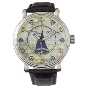 Relógio Mapa antigo/vela/âncora/silhueta de roda náutica