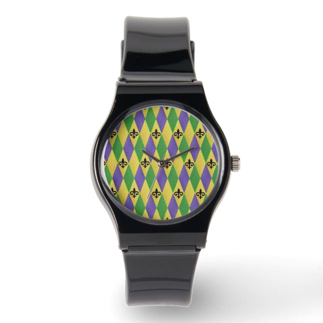 Relógio Mardi Gras Harlequin Fleur De Lis Designer Watch (Frente)