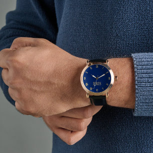 Relógio Marinho  Azul Monograma Dourado Pasta Preta