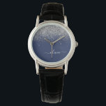 Relógio Marinho de prata Blue Glitter Girly Monographic No<br><div class="desc">Marinho Blue e Silver Sparkle Script Monograma Name Watch. Isso faz a formatura perfeita,  aniversário,  casamento,  chá de panela,  aniversário,  chá de fraldas ou presente de festa de solteira para alguém que ama luxo de vidro e estilos quíticos.</div>