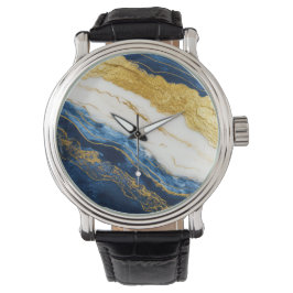 Relógio Marinho Luxurioso Azul e Dourado Mármaco Folha