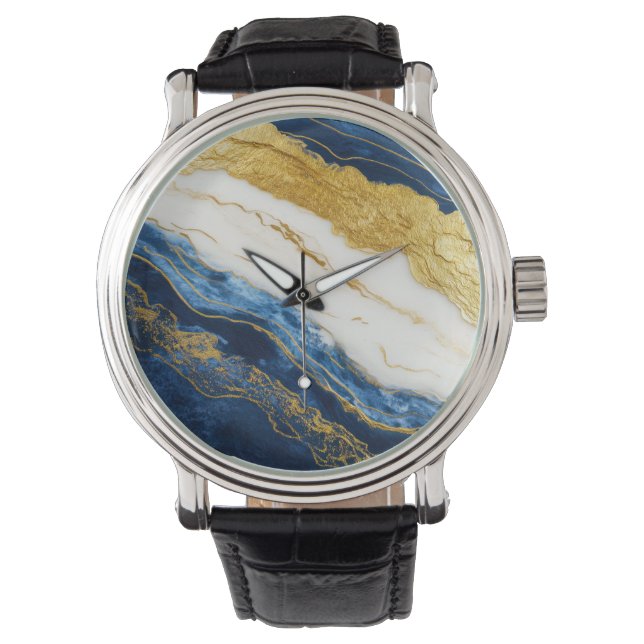 Relógio Marinho Luxurioso Azul e Dourado Mármaco Folha (Frente)