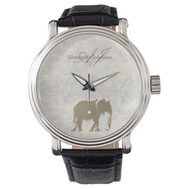 Relógio Mármore branco elegante e elefante Dourado monogra (Frente)