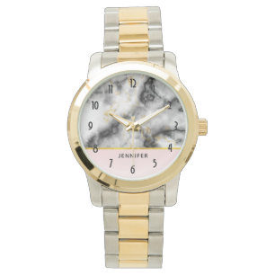 Relógio Mármore de Cinzas Brancas Modernas com Faixa Doura