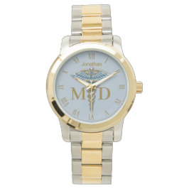 Relógio Médico médico Dourado Light Blue Caducee MD