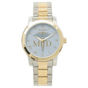 Relógio Médico médico Dourado Light Blue Caducee MD