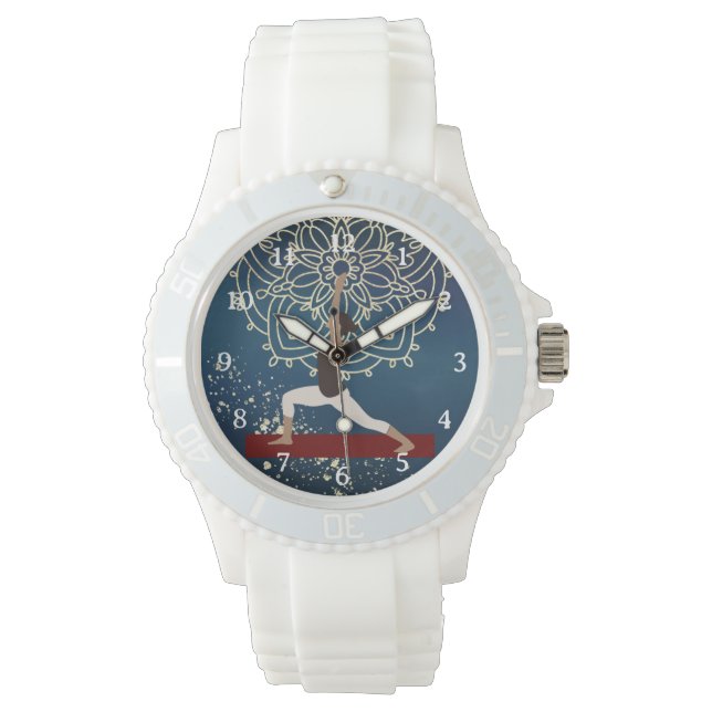 Relógio Meditação de Yoga Dourada, Azul e Mandala Vermelha (Frente)