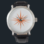 Relógio Meio século Orange Atomic Starburst Modern<br><div class="desc">Este relógio moderno de meio século fabuloso apresenta uma explosão de estrelas laranja ousada,  que fará uma declaração divertida no seu pulso!</div>