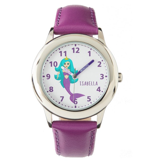 Relógio Menina de Mermaid, princesa com nome roxo (Frente)