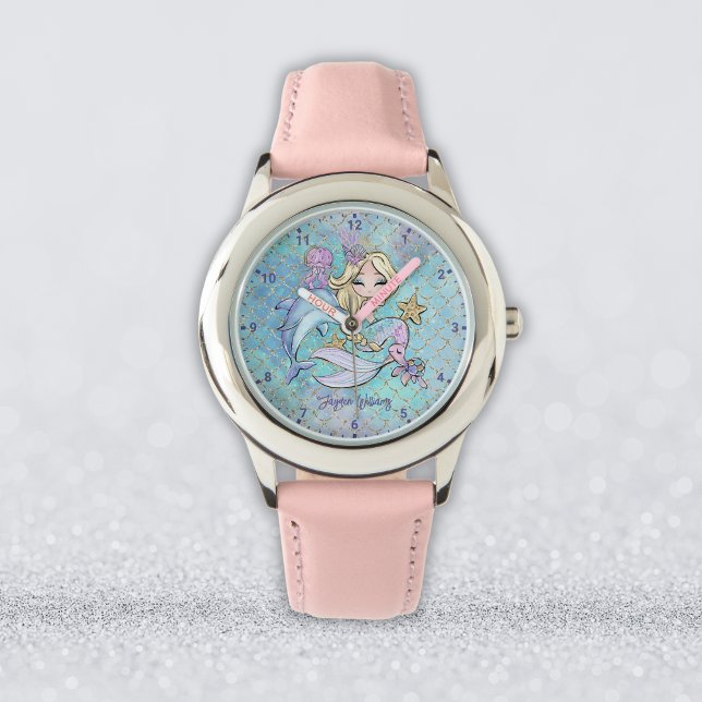 Relógio Menina Personalizada da Sereia Loura e Bonita (Cute Blonde Mermaid Personalized Girl Watch
)