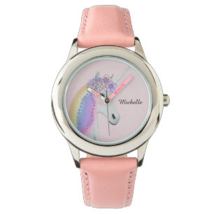 Relógio Menina personalizada do rosa Pastel do unicórnio
