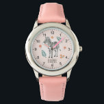 Relógio Meninas Cor de Água Rosa Safari Zebra e Crianças N<br><div class="desc">Este relógio de criança giro e tenra mostra um desenho de zebra,  e flores de aquarela,  e tem espaço para você adicionar o nome de suas meninas em uma bela tipografia. O presente perfeito para qualquer entusiasta animal safari.</div>