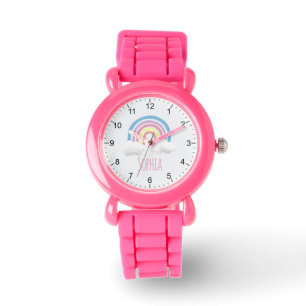 Relógio Meninas Cute e Modern Pink Rainbow & Name Kids