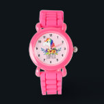 Relógio Meninas Cute Magical Rainbow Unicorn e Kids Name<br><div class="desc">Este relógio de criança bonito e mágico apresenta um adorável, pintado manualmente a aquarela unicórnio arco-íris com um fundo cor-de-rosa. Esta design colorida adorável também tem um lugar para você adicionar o nome da sua garota. Com números claros e facilmente legíveis, este 'primeiro' relógio é excelente para aqueles que começam...</div>