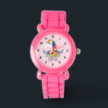 Relógio Meninas Cute Magical Rainbow Unicorn e Kids Name<br><div class="desc">Este relógio de criança bonito e mágico apresenta um adorável, pintado manualmente a aquarela unicórnio arco-íris com um fundo cor-de-rosa. Esta design colorida adorável também tem um lugar para você adicionar o nome da sua garota. Com números claros e facilmente legíveis, este 'primeiro' relógio é excelente para aqueles que começam...</div>