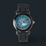 Relógio Meninas Cute Modern Rainbow Narwhal e Crianças Nom<br><div class="desc">Este relógio de criança moderno e fofo apresenta um desenho animado arco-íris narwhal, junto com uma água-viva, estrelas-do-mar, algas e conchas. Esta design colorida adorável também tem um lugar para você adicionar o nome da sua garota. Com números claros e facilmente legíveis, este 'primeiro' relógio é excelente para aqueles que...</div>