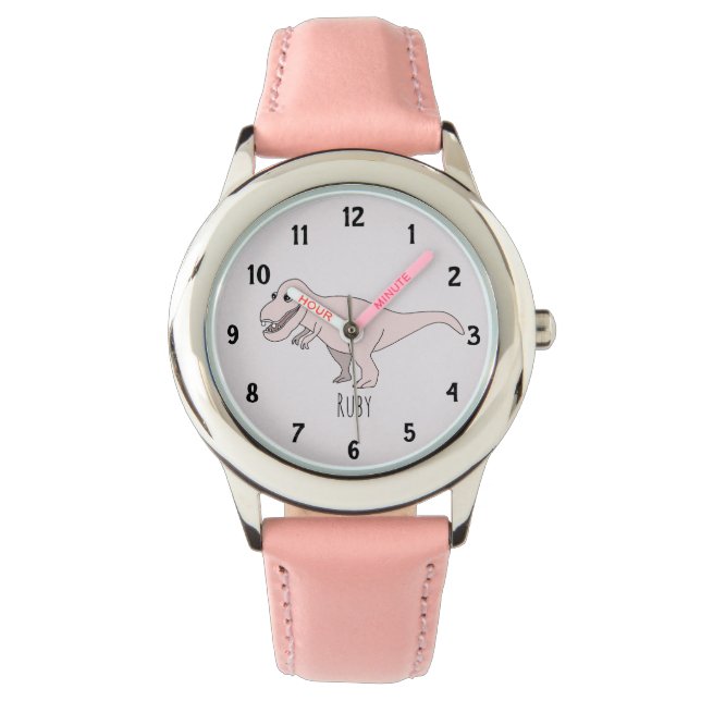 Relógio Meninas Cute Pink T-Rex Dinossauros Crianças Cujo  (Frente)