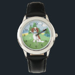Relógio Meninas Cute Springer Spaniel Cão com Nome<br><div class="desc">Este bonito e azul moderno relógio mostra um adorável desenho animado de cachorros de spaniel com colinas e uma praia ao fundo e tem espaço para você adicionar seu nome de meninas. Com números claros e facilmente legíveis, este 'primeiro' relógio é excelente para crianças ou crianças apenas começando a aprender...</div>