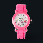 Relógio Meninas Flores Botânicas Cor-de-Rosa e Bonitas<br><div class="desc">Este lindo e feminino miúdos florais assistem a design apresenta flores cor-de-água rosa e lindas e números claros,  e tem espaço para você escrever seu nome de meninas em uma fonte elegante. O presente botânico perfeito para o seu pequeno.</div>