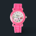 Relógio Meninas Flores Botânicas Cor-de-Rosa e Bonitas<br><div class="desc">Este lindo e feminino miúdos florais assistem a design apresenta flores cor-de-água rosa e lindas e números claros,  e tem espaço para você escrever seu nome de meninas em uma fonte elegante. O presente botânico perfeito para o seu pequeno.</div>