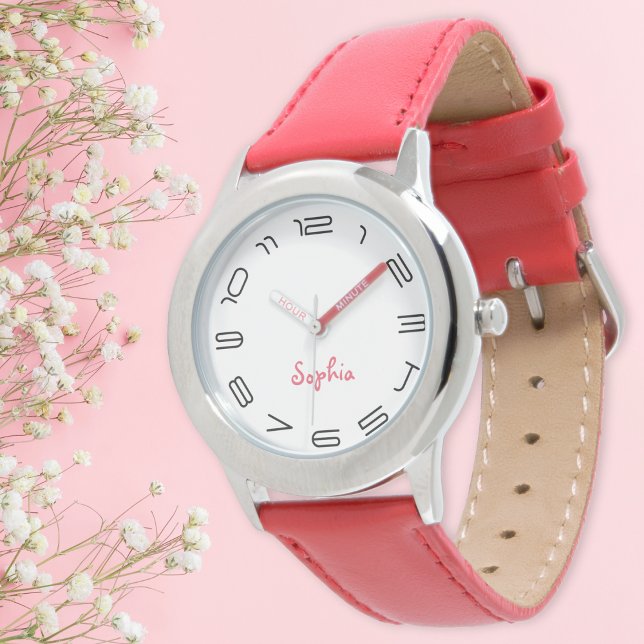 Relógio Meninas Modernas Tendência Legal de Chic Vermelho (Girls Modern Chic Trendy Cool Red Custom Name Kids Watch)