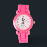 Relógio Meninas Rosa, Cinzas Cuecas, por Gatos e Crianças<br><div class="desc">Este bonito e giro relógio das crianças apresenta um bonitinho desenho de gato e um fundo cor-de-rosa, com espaço para personalizar o design com seu nome de meninas. Com números claros e facilmente legíveis, este 'primeiro' relógio é excelente para crianças ou crianças apenas começando a aprender o tempo. O gatinho...</div>