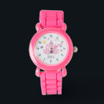 Relógio Meninas Rosa Princess Castle e Crown Kids<br><div class="desc">Esta adorável design mostra um castelo de princesa rosa,  coroa,  estrelas,  corações e flores,  e pode ser personalizada com o nome de suas meninas. O perfeito presente mágico rosa para o seu príncipe ou criança que ama a princesa!</div>