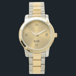 Relógio Metálico brilhante Dourado | Números romanos | Mon<br><div class="desc">Imagem elegante,  esbranquiçada e minimalista do impressão de textura de aço inoxidável de ouro metálico brilhante com algarismos romanos e um monograma personalizável.</div>