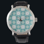 Relógio Mid Century Modern Geometric Flowers Watch<br><div class="desc">This Mid Century Modern Geometric Flowers Watch is a mid century modern take on botany! This whimsical aqua and teal checkerboard design has alternating mod flowers of aqua and dove grey on each square. The dove grey flowers have square darker grey centers and the aqua flowers have dove grey centers....</div>