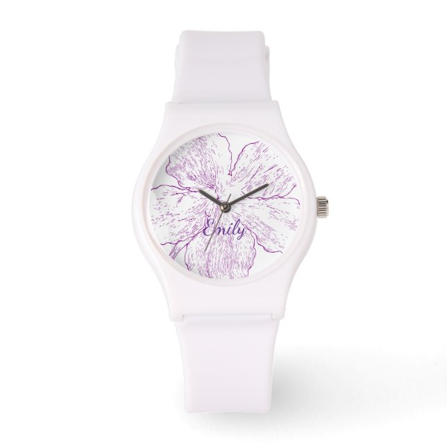 Relógio Minimalist White Silicone Purple Floral Artistic (Frente)