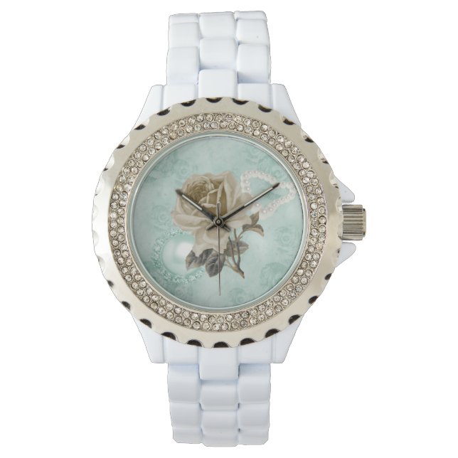 Relógio Mint Green Ivory Rosas White Rhinestones Watch (Frente)