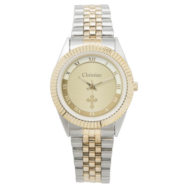 Relógio Modelo de Nome Cruzado Metálico Dourado (Frente)