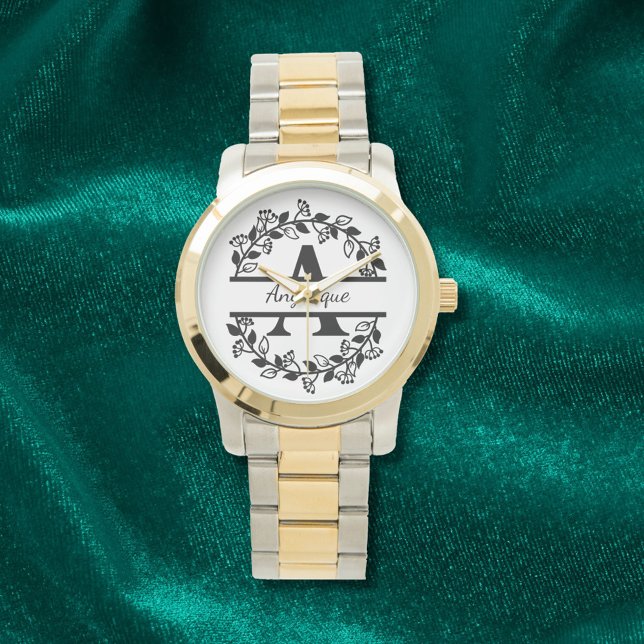 Relógio Modern Black Floral Wreath Split Monogram "A" (Criador carregado)