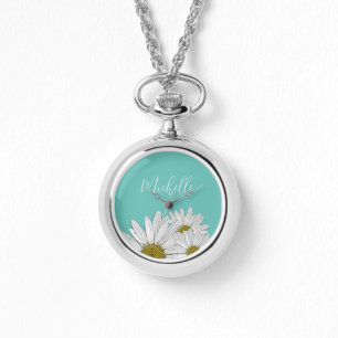 Relógio Modern Daisies Trendy Teal Floral Botânico