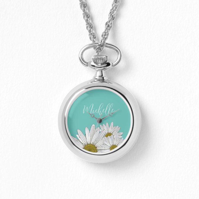 Relógio Modern Daisies Trendy Teal Floral Botânico (Frente)