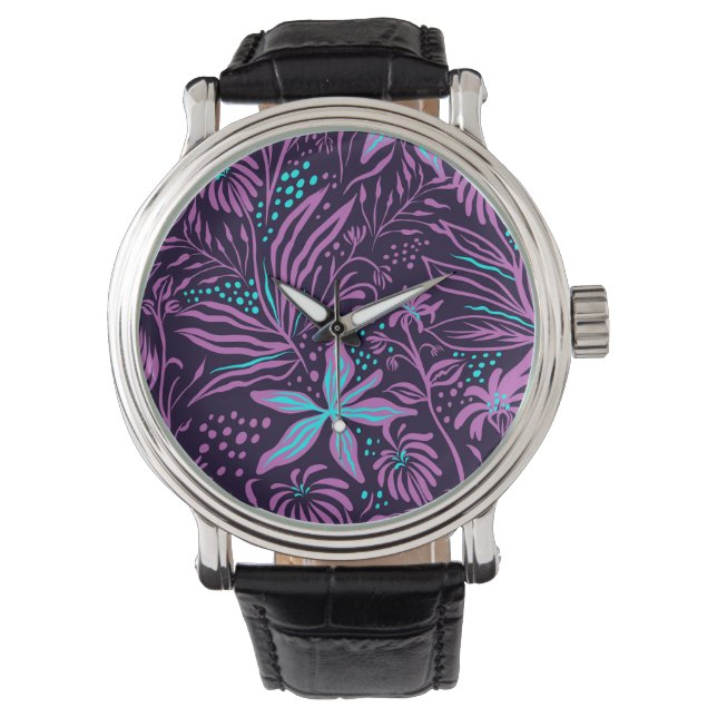 Relógio Modern Dark Purple Floral Pattern (Frente)
