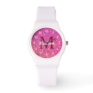 Relógio Modern Hot Pink Glitter Monogramas Girls Personali