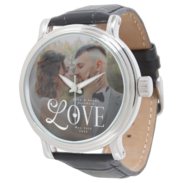 Relógio Modern Love Custom Wedding Photo Couples Monogram (Angular)