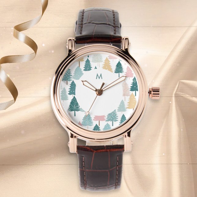 Relógio Modern Scandi Christmas Tree Pattern Monogram (An elegant monogrammed wristwatch with Scandi-style modern Christmas trees pattern in pastel colors)
