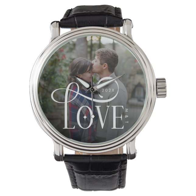 Relógio Modern Script Love Custom Engaged Couples Photo (Frente)