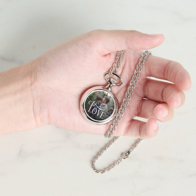 Relógio Modern Script Love Custom Engaged Couples Photo (Mão)