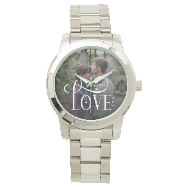 Relógio Modern Script Love Custom Engaged Couples Photo (Frente)