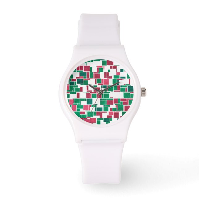 Relógio Mondrian de Natal Vermelho e Verde Moderno (Frente)
