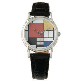 Relógio Mondrian Painting Red Plane Yellow Black Cinza Blu