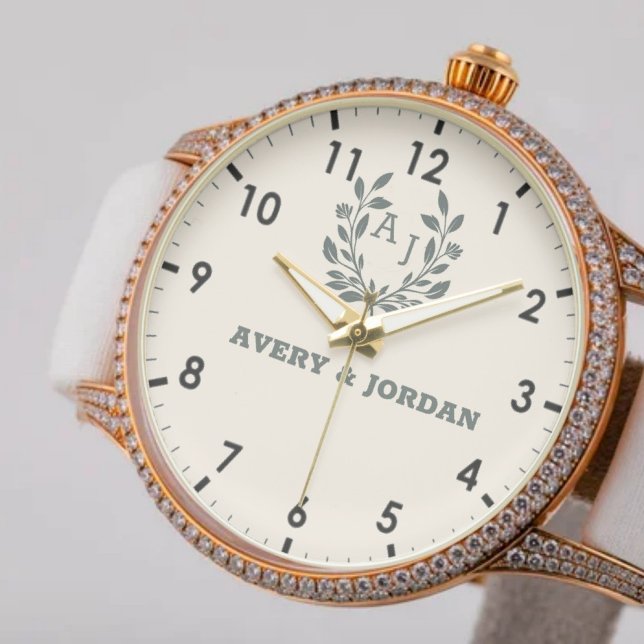 Relógio  Monogram couple names Botanical Elegant (Criador carregado)