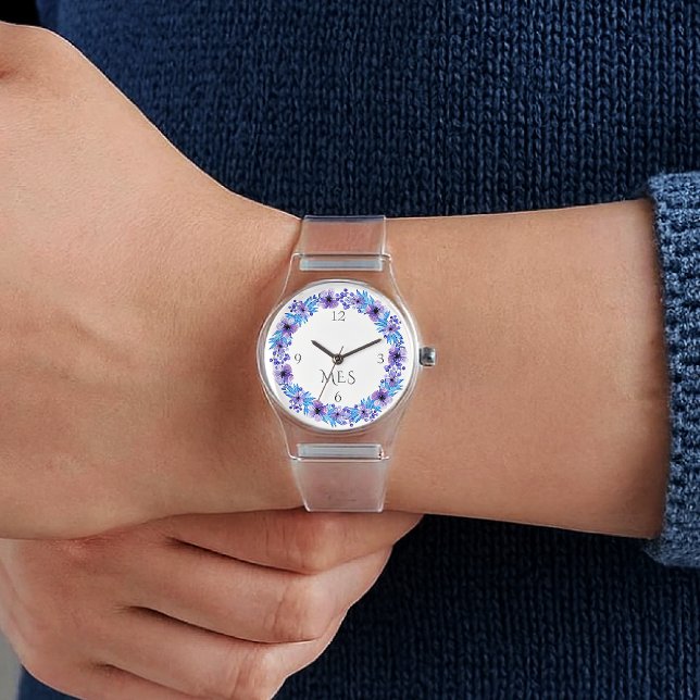Relógio Monogram, Pansies Purple and Blue Clear Silicone (Criador carregado)